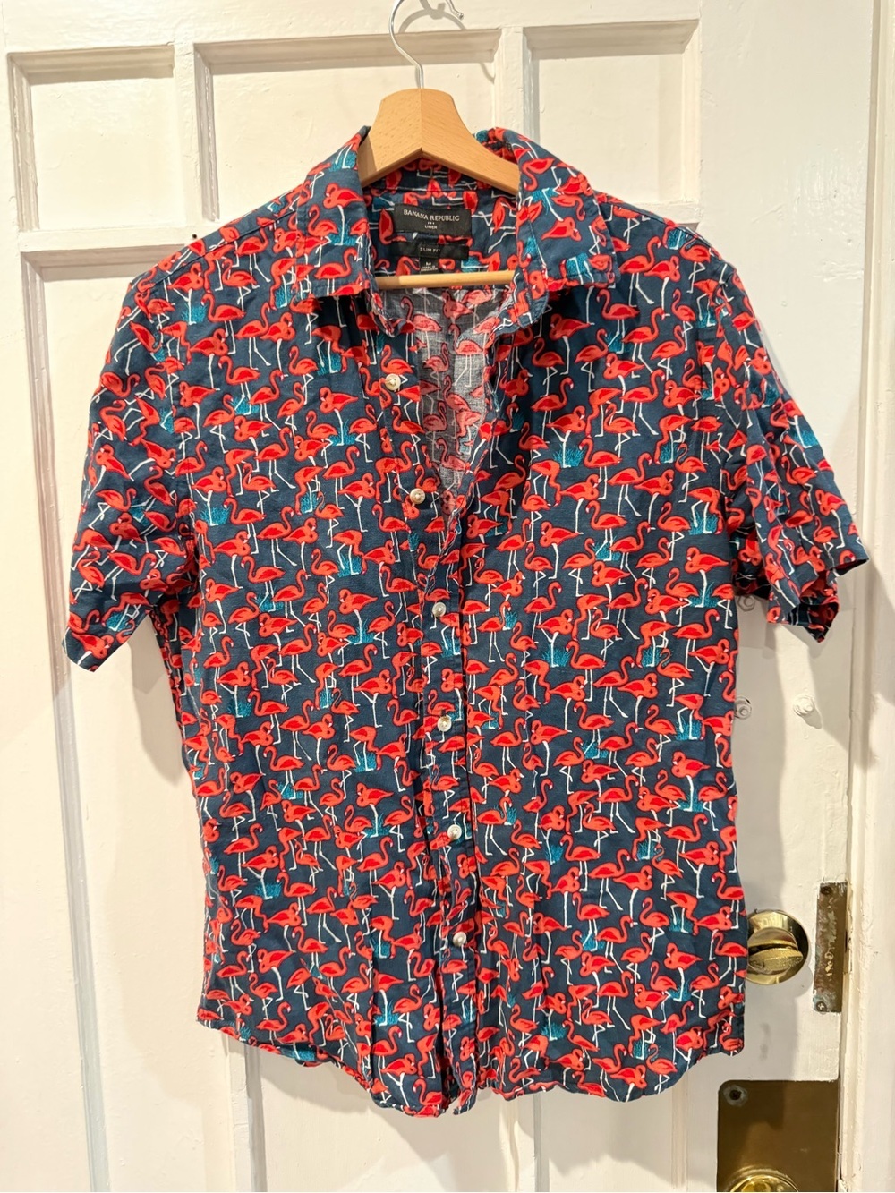 Banana Republic Navy Short-Sleeve Flamingo Button-Down